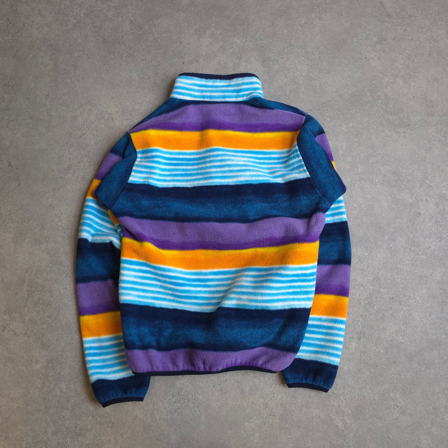 Patagonia patterned synchilla snap t fleece in blue, orange and purple - women's XS