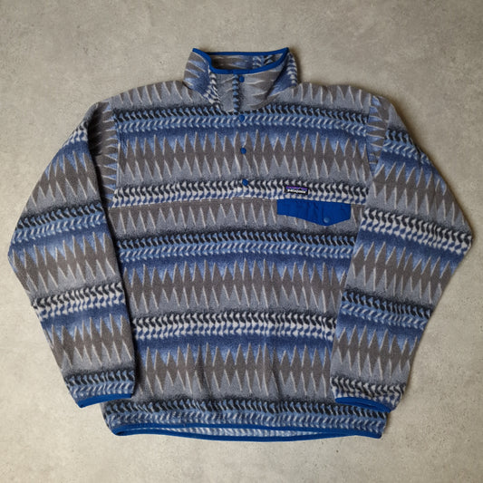 Patagonia patterned synchilla snap t fleece in grey and blue - large