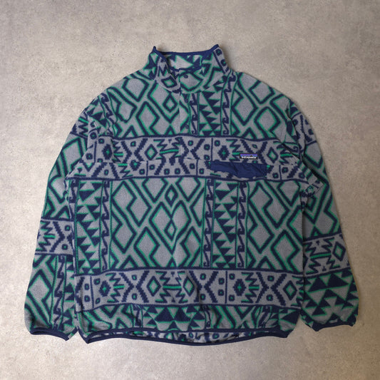Patagonia Synchilla patterned snap t fleece in grey/blue/green - large