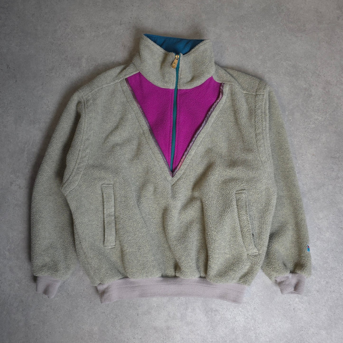 vintage 80s fjallraven thick 1/4 zip fleece in olive green and purple - medium