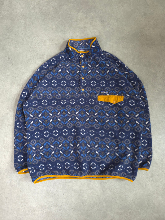 Patagonia synchilla snap t patterned fleece in blue and yellow - XXL