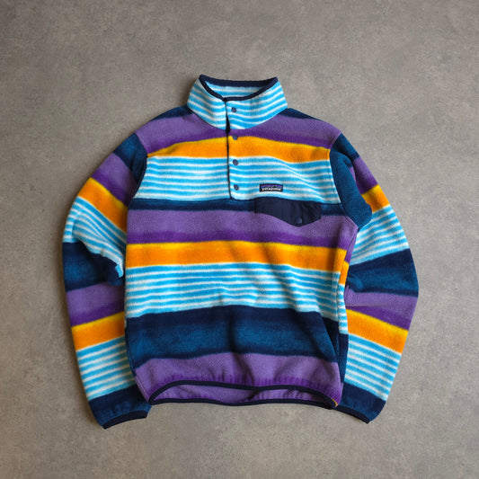 Patagonia patterned synchilla snap t fleece in blue, orange and purple - women's XS